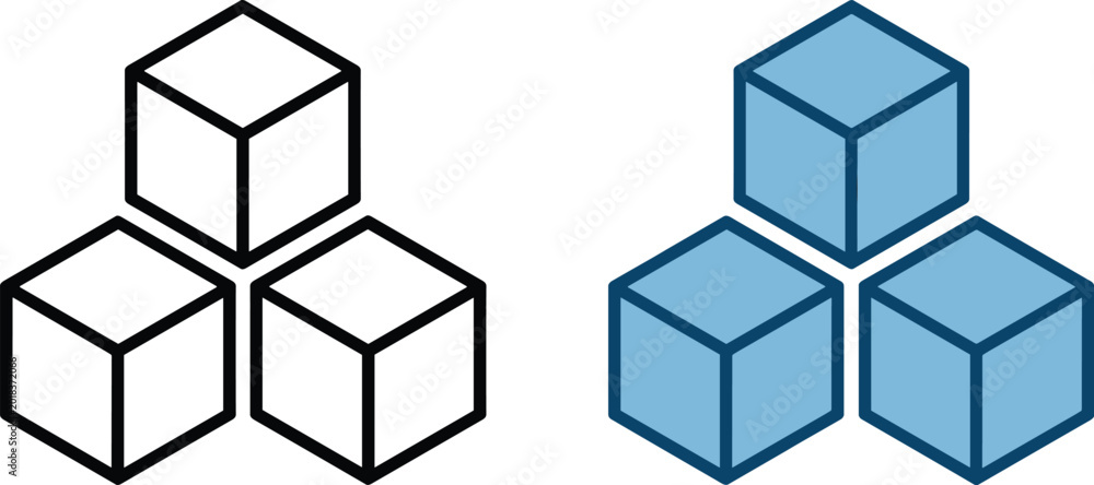 Obraz premium Isometric 3D Cube Icons Set, Stacked Square Blocks in Outline and Blue Color, Geometric Shape Vector Illustration for Design and Logistics