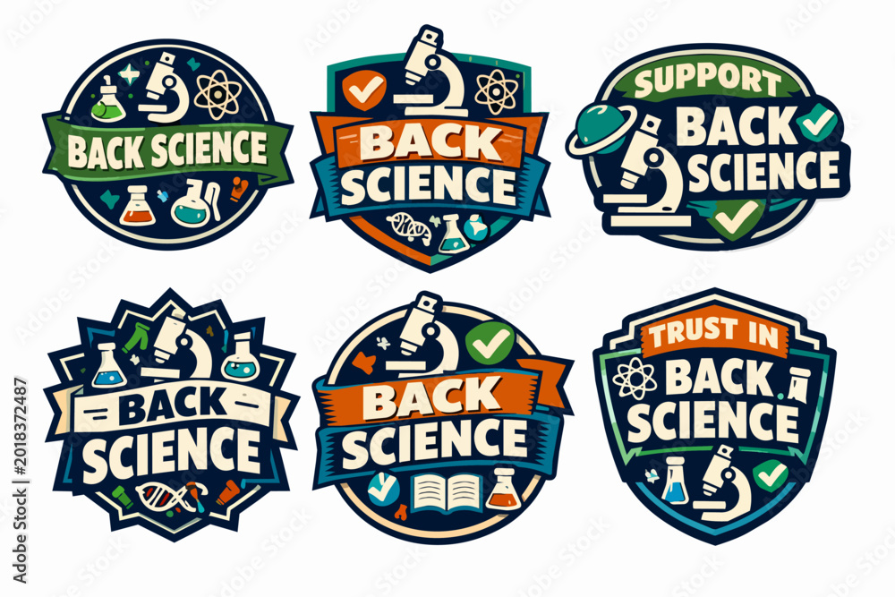 Fototapeta premium Backing science and research campaign badges with microscopes, atoms, dna, and laboratory glassware for education and innovation