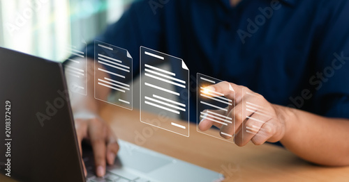 Document management and network system concept. documents in online archives ,Document management Storage and technology on digital document paperless operation.
