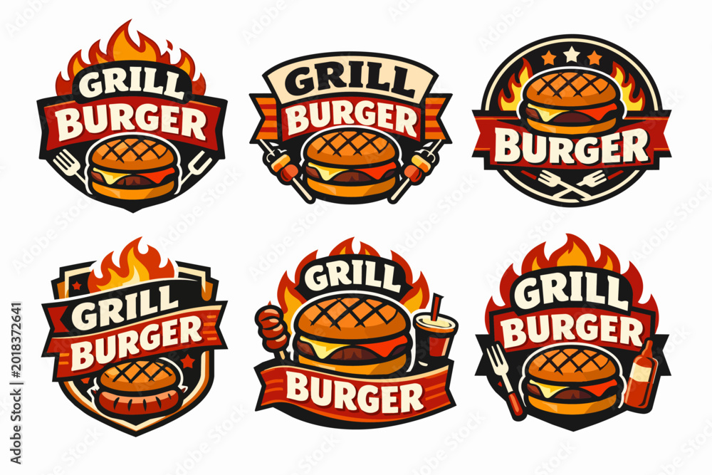 Naklejka premium Grill burger logos identifying fast food, bbq restaurant, and cooking concepts with flames, patties, and buns on emblems