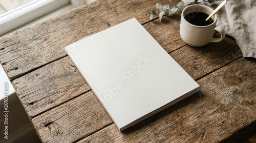 Blank magazine cover on rustic wood with coffee cup