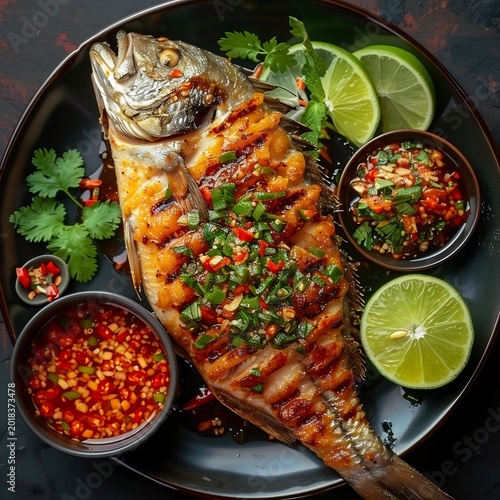 Thai food grilled whole fish chili garlic sauce crispy skin texture authentic Thai cuisine top view plating dramatic lighting high detail food photography