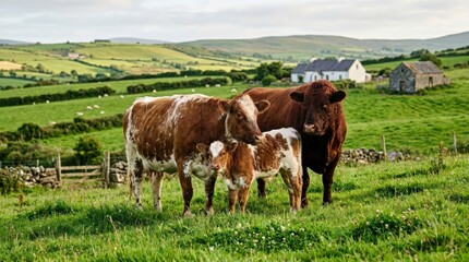 Ireland cattle farm with cow family portrait, expressive animal lifestyle scene for nature, companionship and care campaigns, natural atmosphere, soft natural light, balanced composition, realistic