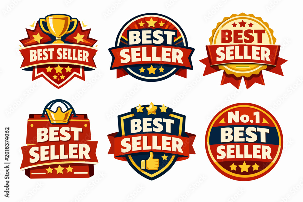 Naklejka premium Best seller badges collection featuring emblem designs, success symbols, and premium quality labels for marketing and commerce