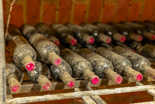 Fotografija Old wine bottles aging in a cellar in Bzenec, Czechia