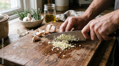 Hands chopping fresh garlic on a wooden cutting board, home cooking preparation culinary skill kitchen ingredient close-up healthy food recipe and natural texture detail, modern stock aesthetic,