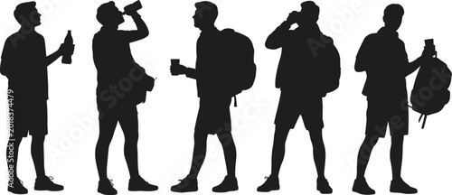 Silhouette Set of Men With Backpacks Drinking Water and Coffee, Male Travelers Standing, Hiking and Outdoor Adventure People Vector Icons