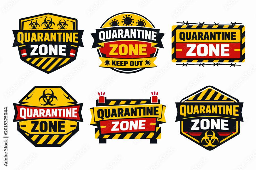 Obraz premium Quarantine zone badges and warning signs set, indicating biohazard, restricted area, keep out, coronavirus pandemic health safety