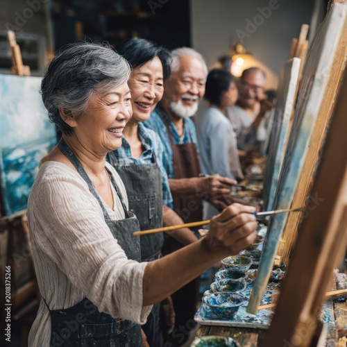 Elderly Group of People Painting on Canvas in Art Class Bright Indoor Setting