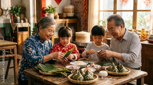 Grandparents Teaching Grandchildren to Make Zongzi at Home