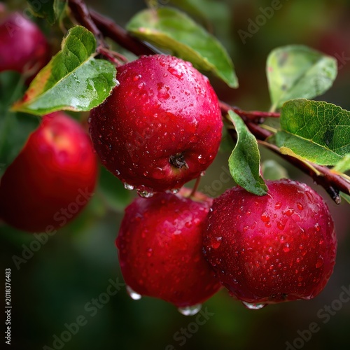Red Apples on Branch with Dew Drops in Orchard