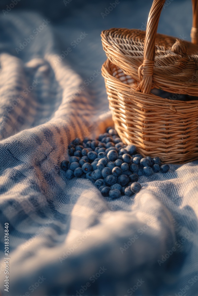 Obraz premium Wicker basket with fresh blueberry on checkered blanket. Rural scene with gathered harvest in meadow. Farm produce for healthy snack and summer picnic mood. Natural organic berry food.