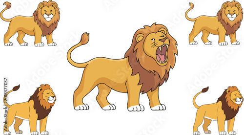 Photography Cartoon lion character vector set featuring roaring central animal with six smal