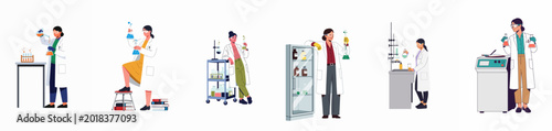 Fotografie Collection of female scientists and researchers working in a laboratory with various scientific equipment, conducting experiments and chemistry research in flat vector style