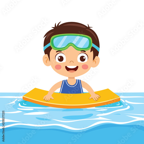 Young swimmer with goggles enjoying water floatation vector illustration
