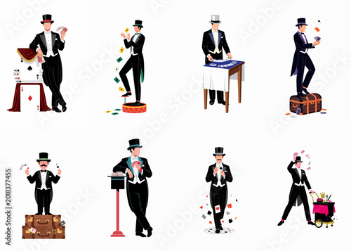Foto Set of diverse magician character illustrations performing card tricks in formal tuxedo and top hat attire on white background