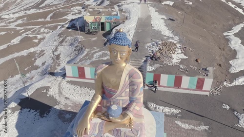 Aerial view of Buddha statue at Langza village in Spiti Valley Himachal Pradesh India