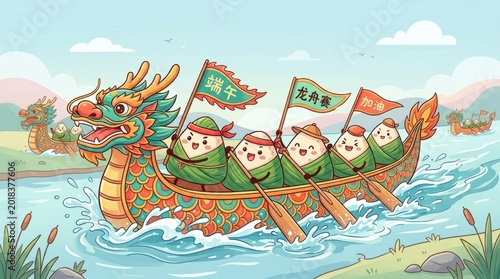 Cute Zongzi Characters Racing Dragon Boat for Dragon Boat Festival