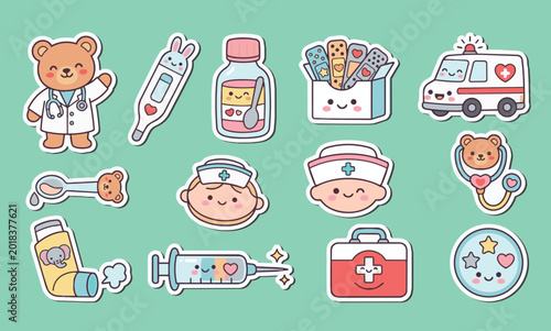 Foto Kawaii Pediatric Healthcare Sticker Collection Vector Illustration