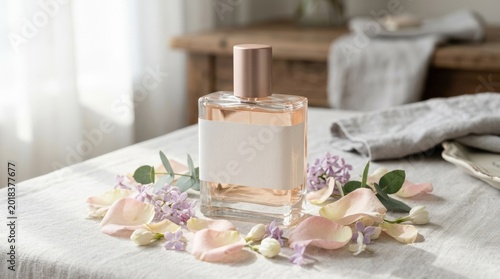 Perfume bottle mockup surrounded by flower petals, luxury beauty product display, fragrance branding, feminine elegance and premium cosmetic campaign concept with refined styling and soft romantic