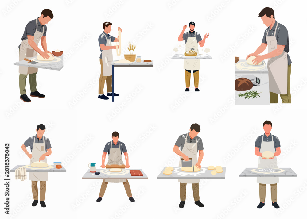 Fototapeta premium Set of vector illustrations featuring a professional baker in an apron preparing sourdough bread, kneading, rolling, and cutting dough on a marble surface.