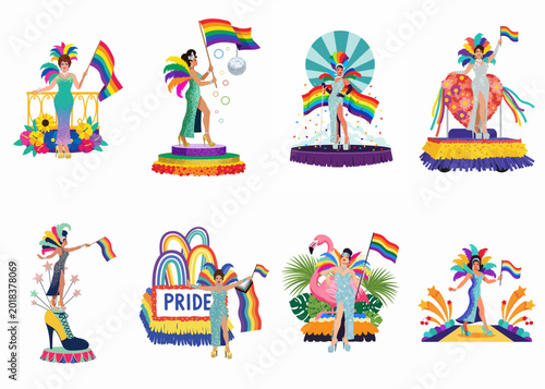 Foto Set of illustrations depicting diverse drag queens on colorful pride parade floats celebrating LGBTQ+ identity with rainbow flags and extravagant costumes