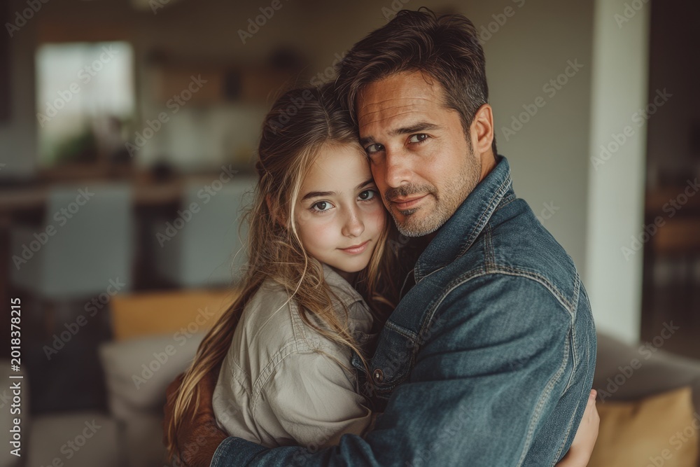 Fototapeta premium Australian Father and Daughter Hugging on Happy Father's Day in Living Room Photo. Fictional Character Created By Generative AI