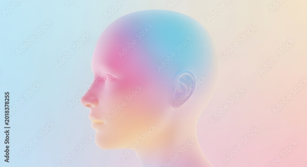 Obraz premium Soft pastel profile of a human face with iridescent glow. Concept of serenity and mindfulness. 3D rendered head looking sideways with smooth gradient colors and ethereal light