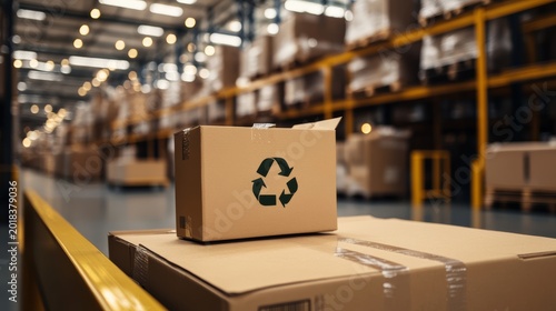 Sustainable packaging solutions for e-commerce operations in a modern warehouse environment highlighting recycling practices and efficiency