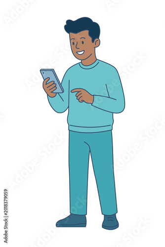 African American young male character standing and using smartphone. Digital communication, mobile gaming or online shopping concept. Simple flat vector illustration.