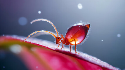 A tiny red ant stands on a pink leaf with dew drops in nature.