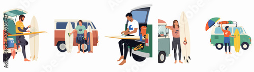 Photography Vector illustrations of various surfers preparing for their session next to their vintage camper vans at the beach
