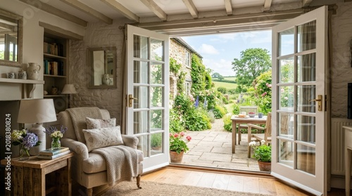 French doors opening to patio in a cottage home, inviting residential interior scene for home decor, real estate and lifestyle campaigns, bright natural light, charming architecture, calm atmosphere,
