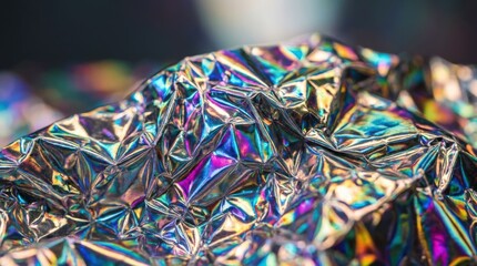 Holographic crumpled foil with dancing reflections and color play, abstract shiny metallic surface for beauty fashion technology backgrounds and premium design visuals, iridescent highlights, folded