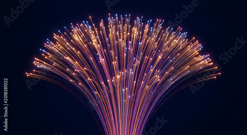 Bright fiber optic cables spreading out from a single point, creating an abstract display of light.