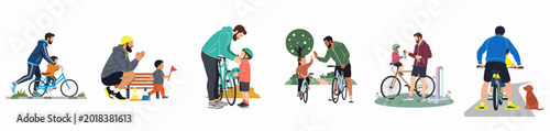 Set of flat vector illustrations featuring fathers and children enjoying various cycling activities outdoors, promoting family bonding and a healthy active lifestyle.