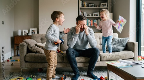 Kids shouting and making noise while father is stressed and tired, modern family overload concept for parenting campaigns, wellbeing editorials and home-life storytelling, indoor tension, relatable