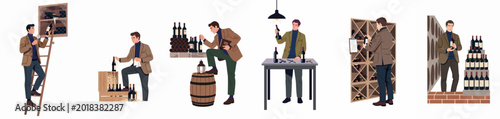 Schilderij op canvas Collection of illustrations featuring a professional sommelier managing a wine cellar, inspecting vintage bottles, and organizing wooden racks for a premium wine collection