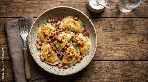 Dumplings, with fried prosciutto, a traditional dish of Polish cuisine, dumplings, top view, close-up, no people, commercial food photography, fresh ingredients, restaurant menu concept, clean