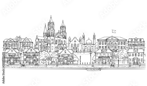 Foto Historic Suriname city architecture outline vector panorama isolated on white ba