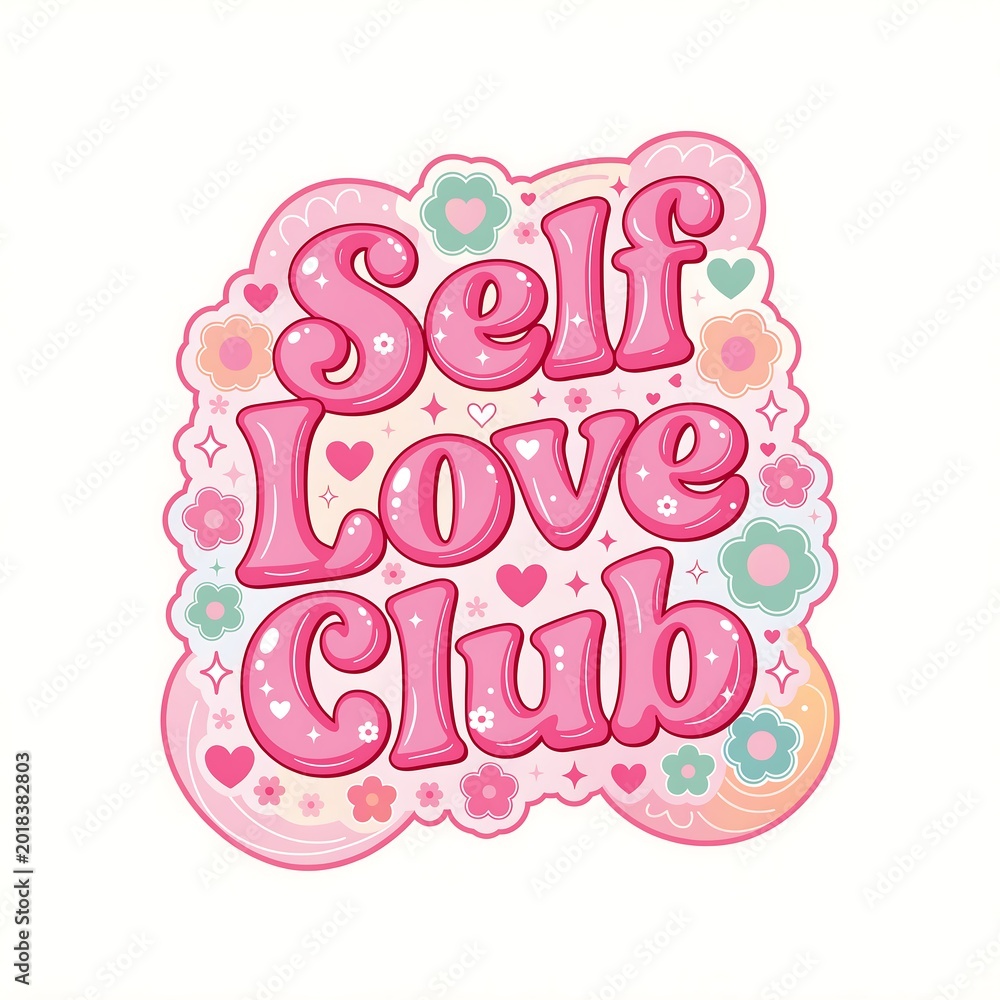Fototapeta premium Vibrant pink sticker with flowers, hearts and text reading Self Love Club