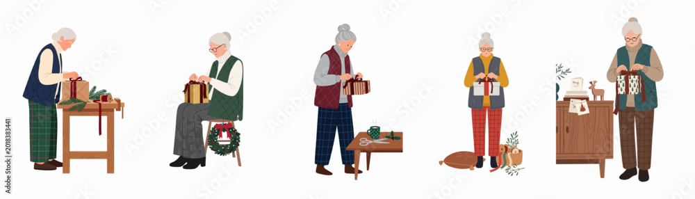 Fototapeta premium Set of illustrations showing an elderly woman wrapping Christmas gifts with ribbons and festive decorations in a cozy flat style.