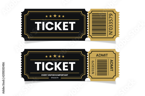 Black ticket with white text and qr code next to green and yellow ticket stubs Vector