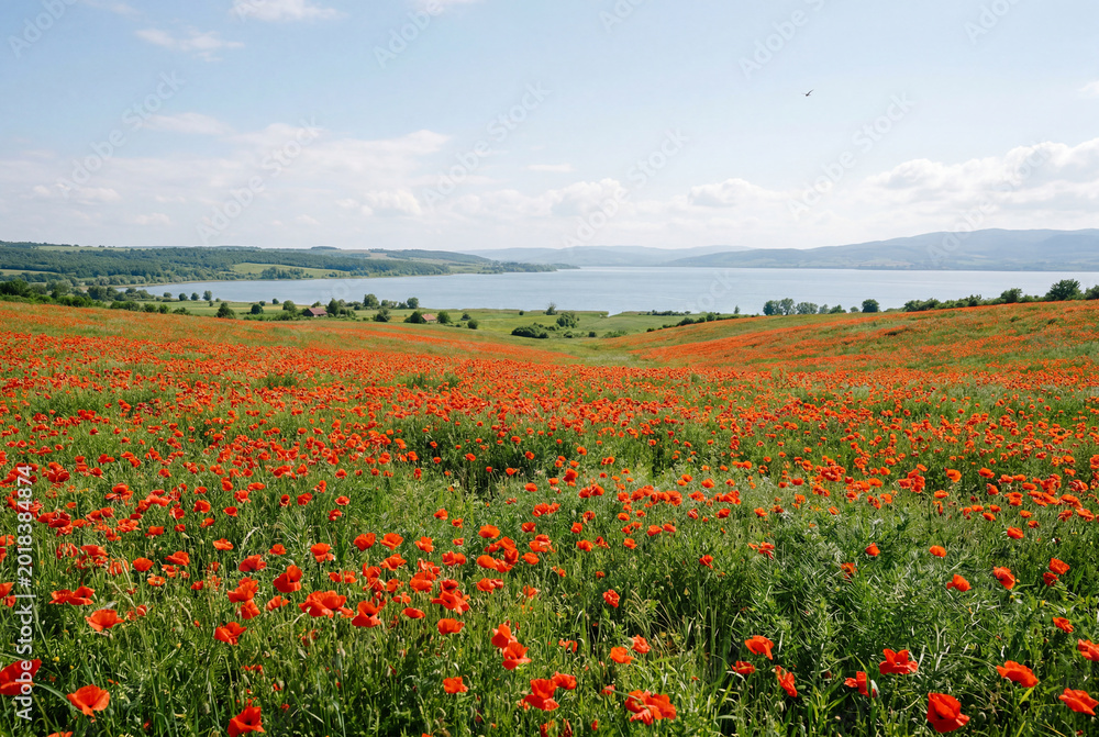 Obraz premium Vast green field full of vibrant red poppies near a large blue lake