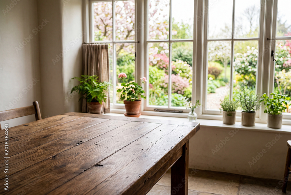 Fototapeta premium Empty rustic wooden table in a bright room next to a large window