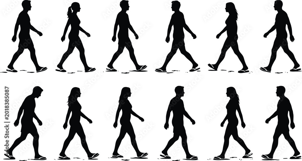 Fototapeta premium Silhouette people walking cycle animation isolated on white background, Vector