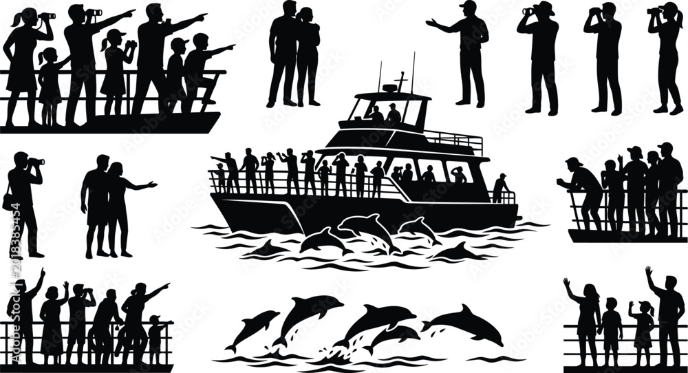 Obraz premium People whale watching from boats and shore isolated on white background, Vector