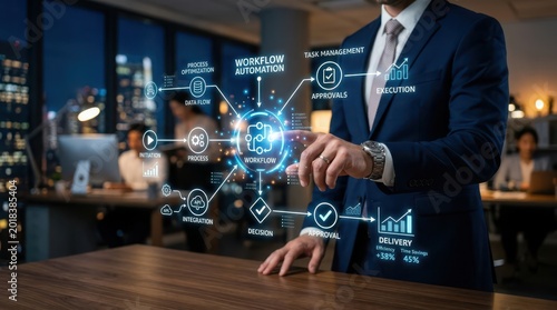 Tech workflow automation business process management with digital transformation and data analytics concepts