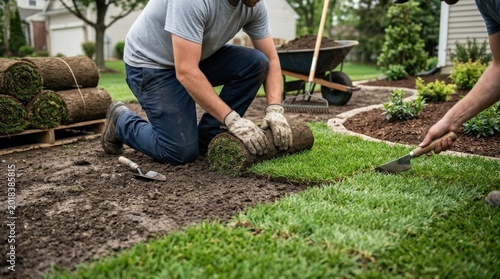 Sod installation on soil, landscaping and outdoor improvement concept for gardening, construction and fresh lawn themes, hands or tools in action, earth textures, neat green finish, soft daylight,