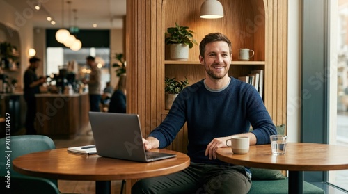 Smiling man sitting in a modern café with a stylish wooden alcove, casual lifestyle portrait for hospitality, remote work and urban leisure campaigns, warm interior mood, relaxed posture, soft natural